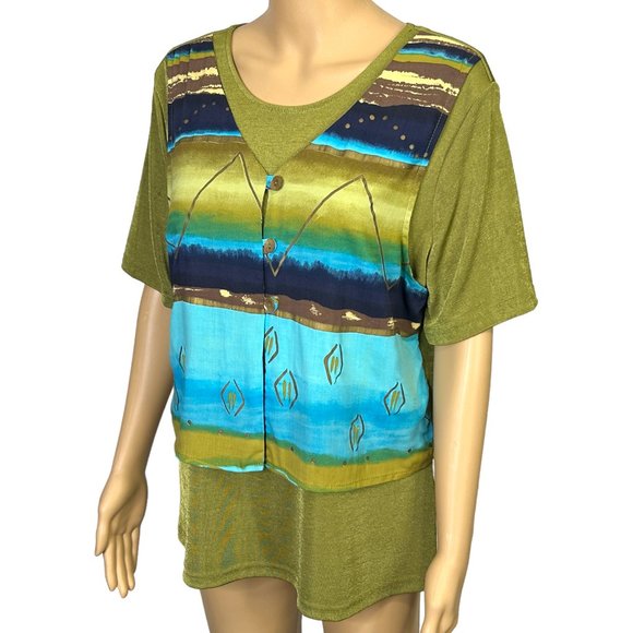 Cascais Of California Womens L Green Blue Short Sleeve Stretch Blouse Shirt - Picture 5 of 11